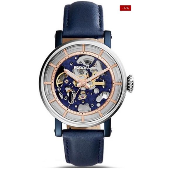 FOSSIL Automatic Watch Analog/Leather Navy Blue Clear Glass Silver Metal me3136 - Picture 2 of 7